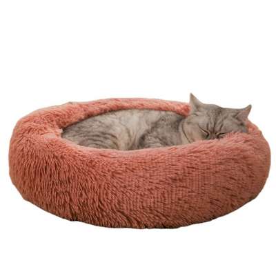 Wholesale Custom Warming Round Donut Soft Sofa Faux Fur Fluffy Cat Dog Plush Bed for Pet